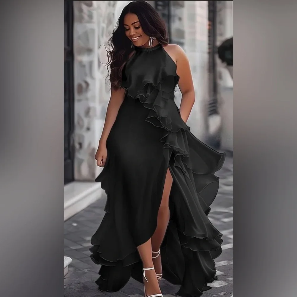 NWT  Xpluswear Design Plus Size Black Halter
Collar Split Ruffle Maxi Dresses - Picture 2 of 4